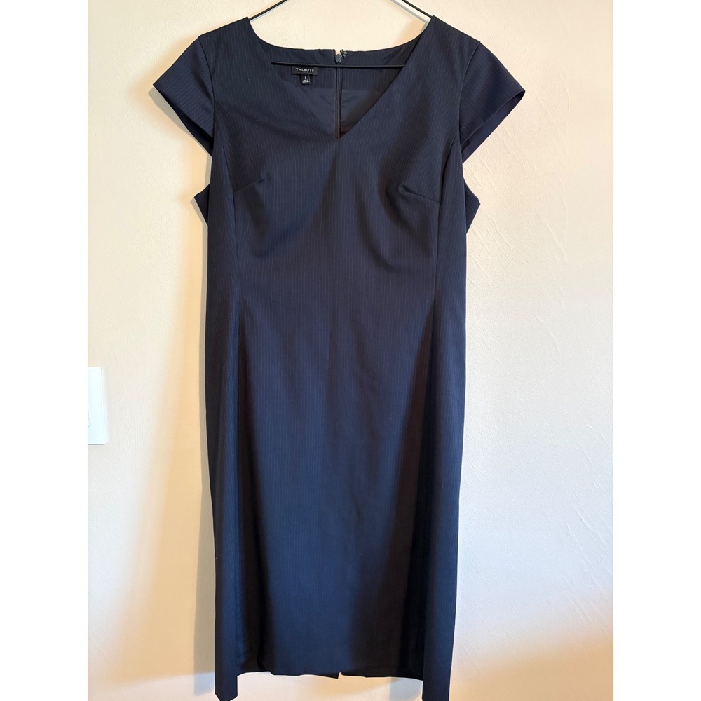 Talbots Pinstripe Sheath Dress 8 Navy Blue Wool Cap Sleeve Work